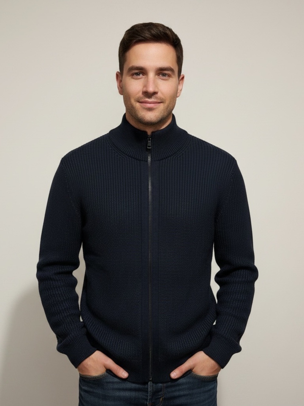 • Boss • Men's Navy Full-Zip Textured Sweater Large